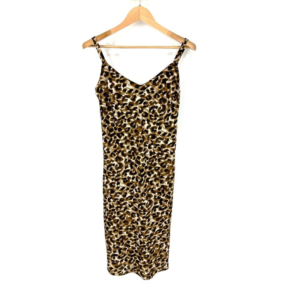 REBECCA MINKOFF Slip Dress Womens Size S Leopard Print Midi Satin Sweetheart